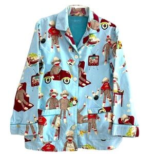 NICK & NORA Size Small Sock Monkeys at Play Button Front Flannel Pajama Top